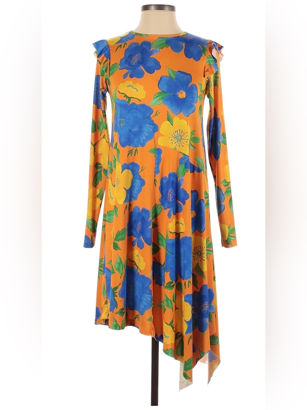 Orange Floral Long-Sleeve Asymmetrical Dress